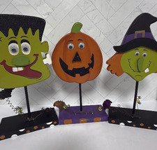 Vintage Y2K lot 3x Standing Wood Halloween Figures Witch Pumpkin Frankenstein picture