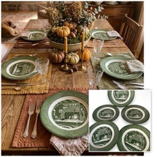 5 Vintage 1950 Colonial Homestead Royal China Fireplace Scene 10”Dinner Plates picture