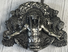 Vintage 1981 Siskiyou Native American Chief & Buffalo Pewter Belt Buckle. picture