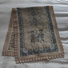 VTG Austrian Woven Table Runner Bavarian Dancers Cotton & Linen Blue Folk Art picture