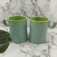 Anthropologie Floral Ombre Coffee Mug Set of 2 Green Blue Rustic Shape Cups picture