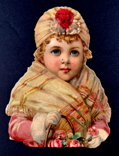 Antique Victorian Embossed Die Cut Scrap Winter Girl with Basket Flowers 4.5x3.5 picture