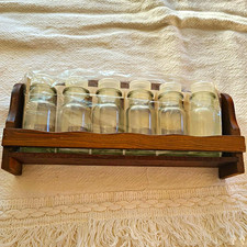 Vintage Wooden Wall Mount Free Standing Spice Rack 6 Jars Original picture
