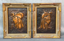 2 MCM ANTIQUE HAMMERED COPPER WALL ART EGYPTIAN KING & QUEEN ART DECO 20th C ART picture