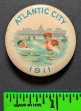 Vintage 1911 Atlantic City New Jersey Husband Wife Beach Pinback Pin picture