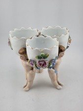 Antique Dresden Germany Porcelain Floral 3 Little Bowls w Figural Cherub Putti. picture