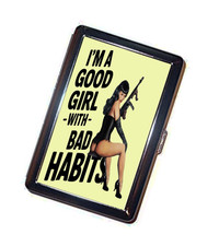 Bettie P. pinup Cigarette Case BAD GIRL retro Handmade Metal Wallet Stash picture
