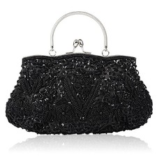 Simcat Beaded Sequin Flower Evening Purse Large Clutch Bag Black picture