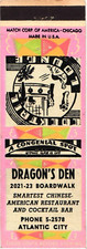 Dragon's Den Atlantic City NJ Vintage Matchbook Cover Chinese Restaurant 1940s picture