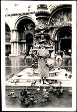 Woman Feeding Pigeons 1930s Snapshot Photograph Venice Italy Travel picture