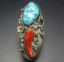 Phillip Morse HUGE Sterling Silver RED CORAL & KINGMAN TURQUOISE RING size 9.75 picture