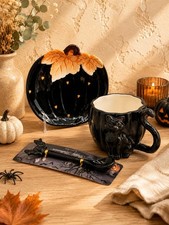 CornerRuby Halloween Black Cat Mug Pumpkin Saucer Bat Spoon Ceramic 3 Pc Set New picture