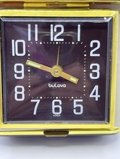Vintage Bulova Key Wind Travel Alarm Clock Brown Case With Gold Trim 3172.2 picture