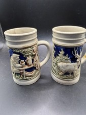 2 Vintage German Beer Steins Ceramic Stoneware Relief Mugs Made in Germany picture