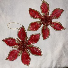Cool Vintage Poinsetta Flower Christmas Ornaments Large 6.5 Inch Red Gold picture