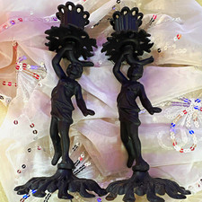 Vintage JM Iron Art Co. Black Cast Iron Figural Lady Candlestick  Pair picture