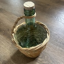 Vintage Spanish VIRESA Green Glass Demijohn Bottle w/ Wicker Basket & Cork picture