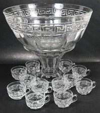 VINTAGE 14-PC HEISEY GLASS GREEK KEY PUNCH BOWL SET w/ Stand & Cups picture