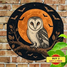 Spooky Owl Orange Full Moon Silhouette Flying Bats Halloween Metal Sign 8x8 picture