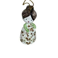 Vintage Glazed Ceramic Mom Figurine Brown Hair Floral Dress Bell 1980s picture
