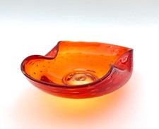 Hand Blown Amberina Dish with Controlled Bubbles and Wavy Rim picture