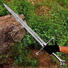 Hand-Forged Medieval Longsword, Damascus Steel Knight Sword with Leather Grip picture