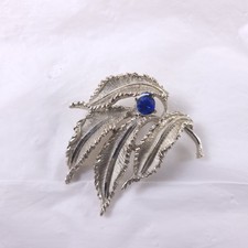 Draping Leaves Silver Tone Blue Rhinestone Brooch Vintage Pin   picture