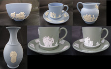 Vintage Jasperware - Blue and Sage - 6 Piece Lot - Cups/Pitcher/Vase/Bowl picture
