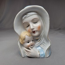 Vintage Madonna Child Head Vase Planter Ceramic Virgin Mary Blue White Figurine picture