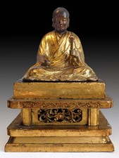 Zen Master Nichiren Shonin Antique Japanese Joined Blocks Gilt Wood Statue 日蓮大聖人 picture