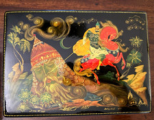 Black Lacquer Hand-Painted Fairy Tale Rider Trinket Box, Made in USSR picture