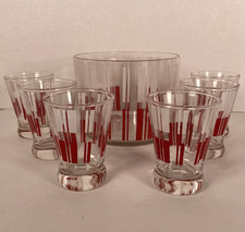Rare Vintage Cocktail Bar Set Ice Bucket Shot Glasses Red White Stripe MCM picture