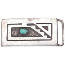 Morris Robinson Hopi modernist sterling silver art deco belt buckle w/turquoise picture