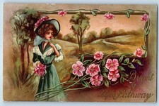 1911 Pretty Woman With Hat Pink Flowers DPO (1902-1919) Flaming MN Postcard picture