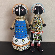 Vintage South African Ndebele Beaded Dolls Pair 12” Handmade Tribal Folk Art picture