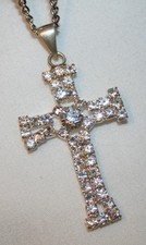 Sparkling Silvertone Openwork Rhinestone Cross Pendant Necklace picture