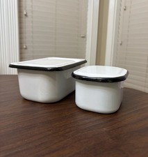Vintage Enamelware Refrigerator Dishes White Black Set of 2 Metal Containers picture