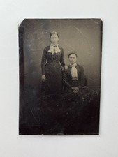Antique 1800s Tintype Photo Two Women Victorian Dresses 1/6 Plate Portrait picture