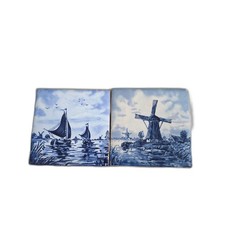Vintage Delft Style Ceramic Tile Trivets Sailboat Windmill Blue White Pair picture