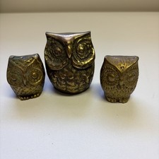 Brass Owl Figurine Set of 3 Collectible Decorative Brassware made in Korea picture