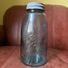 Antique 1900-1910 Ball Mason 3L Triple L Aqua Blue Quart Jar Zinc Lid picture