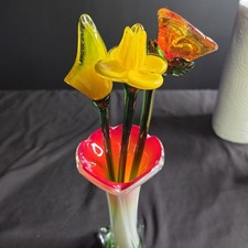 Vintage Hand Blown Glass Flowers And Vase picture