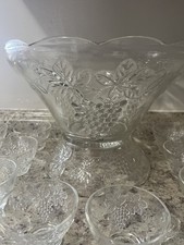Vintage Mid Century Modern Glass Punch Bowl Grape Vine Stand Cups Set Party Gift picture