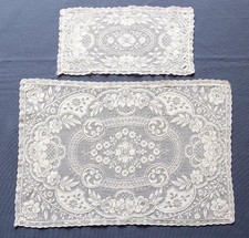 2 Vintage Antique Beige FILET NET LACE DOILIES MAT Floral Pattern Rectangular picture