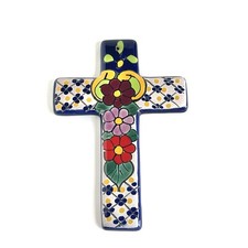 Ceramic Talavera Handpainted Cross Wall Hanging Mexican Vibrant Flowers Folk Art picture