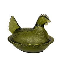 Vintage Green Indiana Glass Hen on a Nest Covered Dish *No Cracks* 7 in Length picture