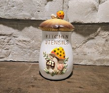 Vintage 1978 Sears Merry Mushroom Ceramic Kitchen Utensil Holder Crock & Lid picture