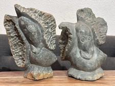 PAIR Vintage Shona Sculpture Hand Carved Abstract Figures Serpentine Zimbabwe picture