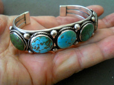 Old Native American Navajo Green Blue Turquoise Row Sterlin Silver Cuff Bracelet picture