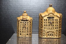 TWO VINTAGE A.C. WILLIAMS MOSQUE CAST IRON COIN BANK 1910s VERY GOOD PLUS picture